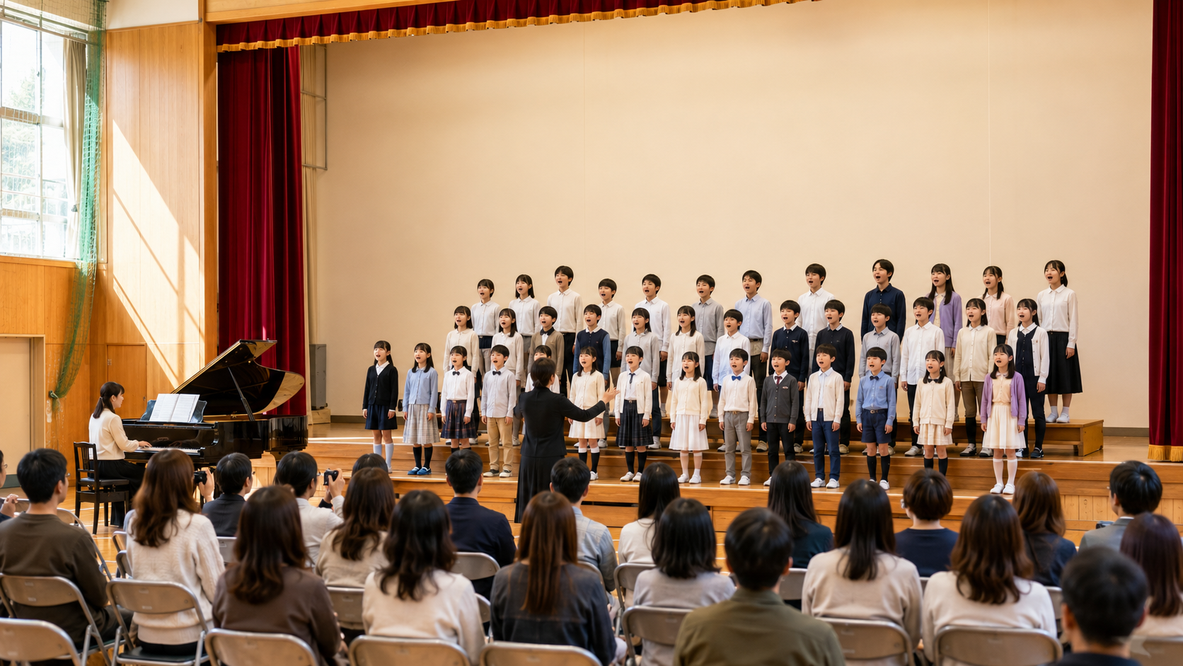 音楽会スローガンをテーマにステージで合唱する子どもたち