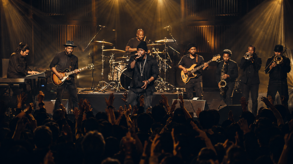 ザ・ルーツ（The Roots）の2026年来日公演をイメージしたヒップホップバンドのライブステージ