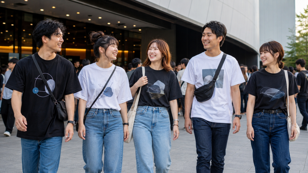 ライブTシャツを着てライブ会場を楽しむ男女の様子