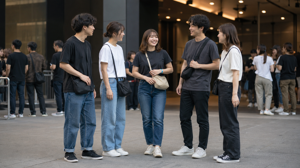 ライブTシャツを着てライブ会場の入口で開演を待つ男女
