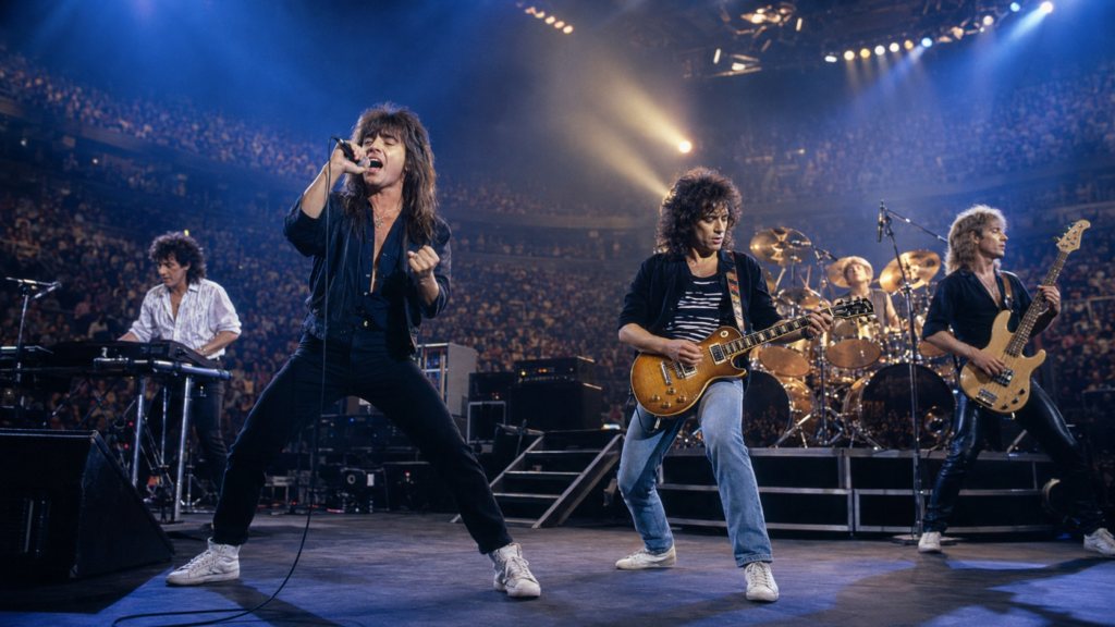 1980年代のアメリカンロックを思わせるアリーナ会場で演奏する5人組バンドの実写風ライブ風景