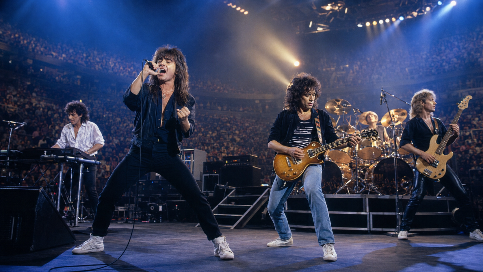 1980年代のアメリカンロックを思わせるアリーナ会場で演奏する5人組バンドの実写風ライブ風景