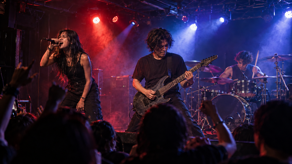 ```
SaydieとGods.の2026年来日公演をイメージした、赤と青紫の照明が輝くライブハウスで演奏するバンドと盛り上がる観客

