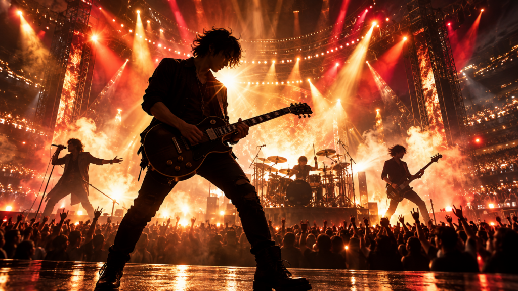 TMG（Tak Matsumoto Group）のライブをイメージしたギタリストとロックバンドのステージ風景