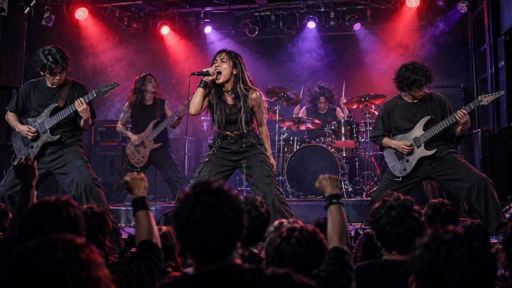 ``` SaydieとGods.の2026年来日公演をイメージした、赤と紫の照明が輝くライブハウスで女性ボーカリストとバンドが演奏する様子