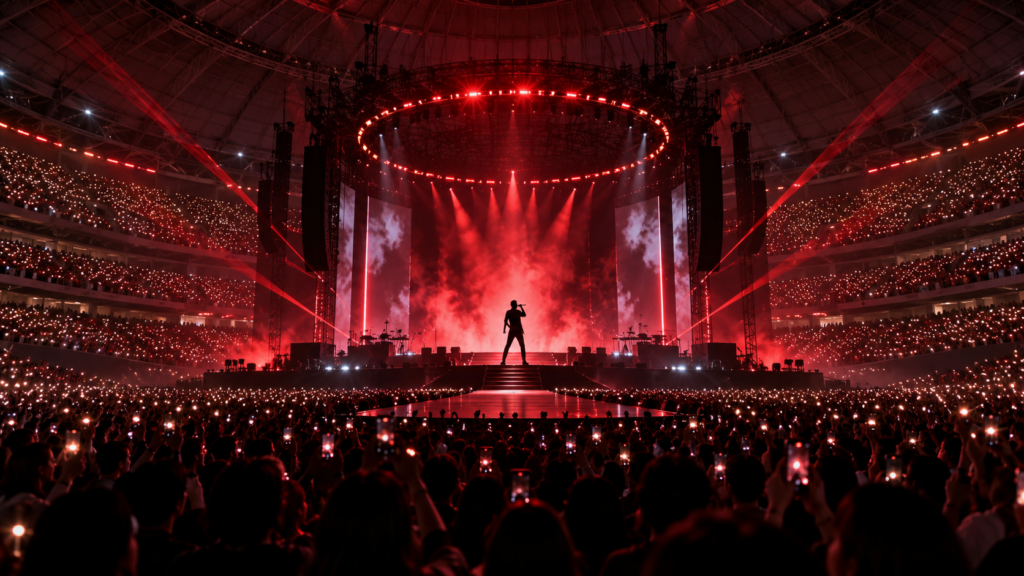 ザ・ウィークエンドの2026年9月来日公演をイメージしたベルーナドームのライブ会場と観客