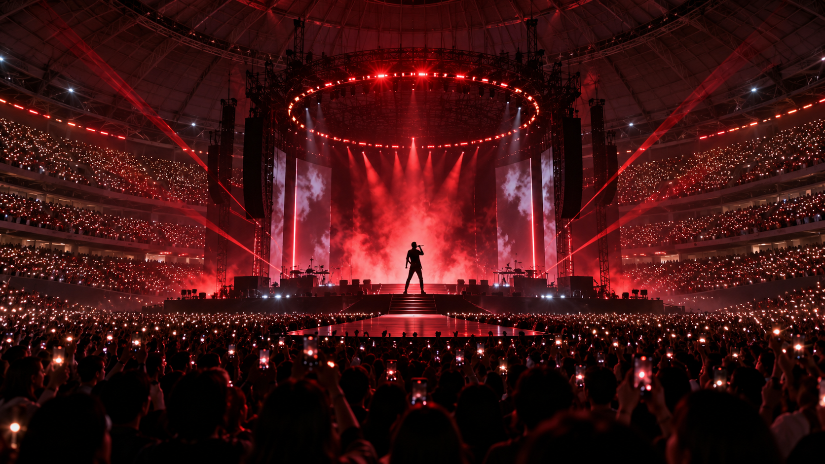 ザ・ウィークエンドの2026年9月来日公演をイメージしたベルーナドームのライブ会場と観客