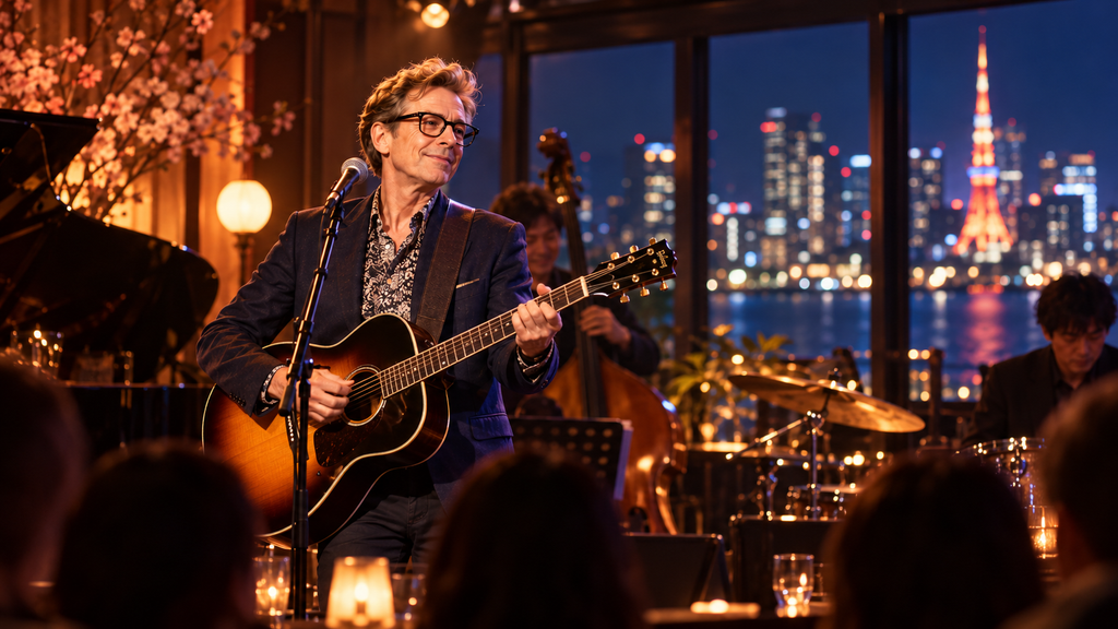 ニック・ヘイワードの2026年来日公演をイメージした、東京の夜景を背景にギターを演奏するライブステージの様子